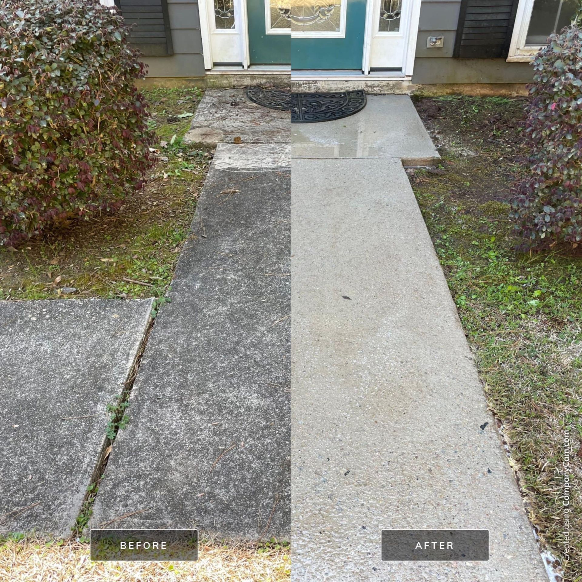 Before and after comparison of a concrete walkway: left side dirty, right side clean.