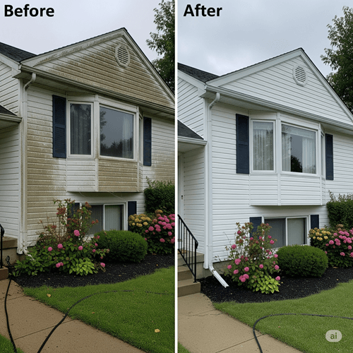 Side-by-side comparison of a house before and after pressure washing; grime removed from white siding.