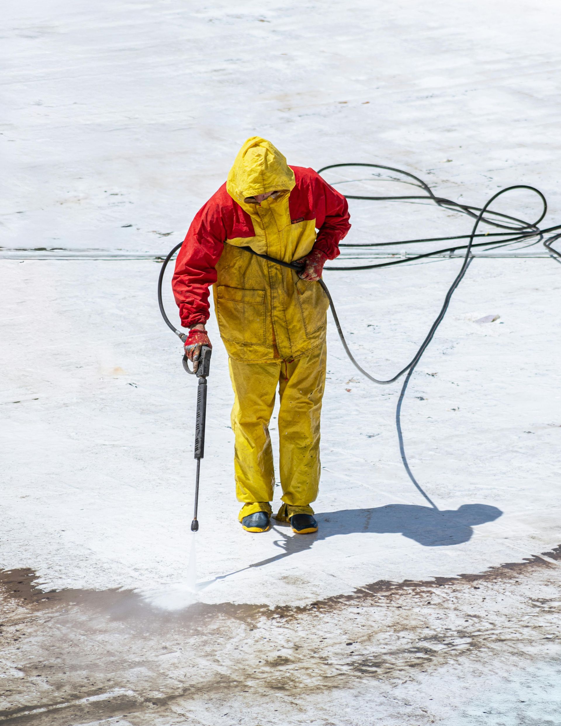 A man in a yellow and red suit is using a high pressure washer on a concrete surface.