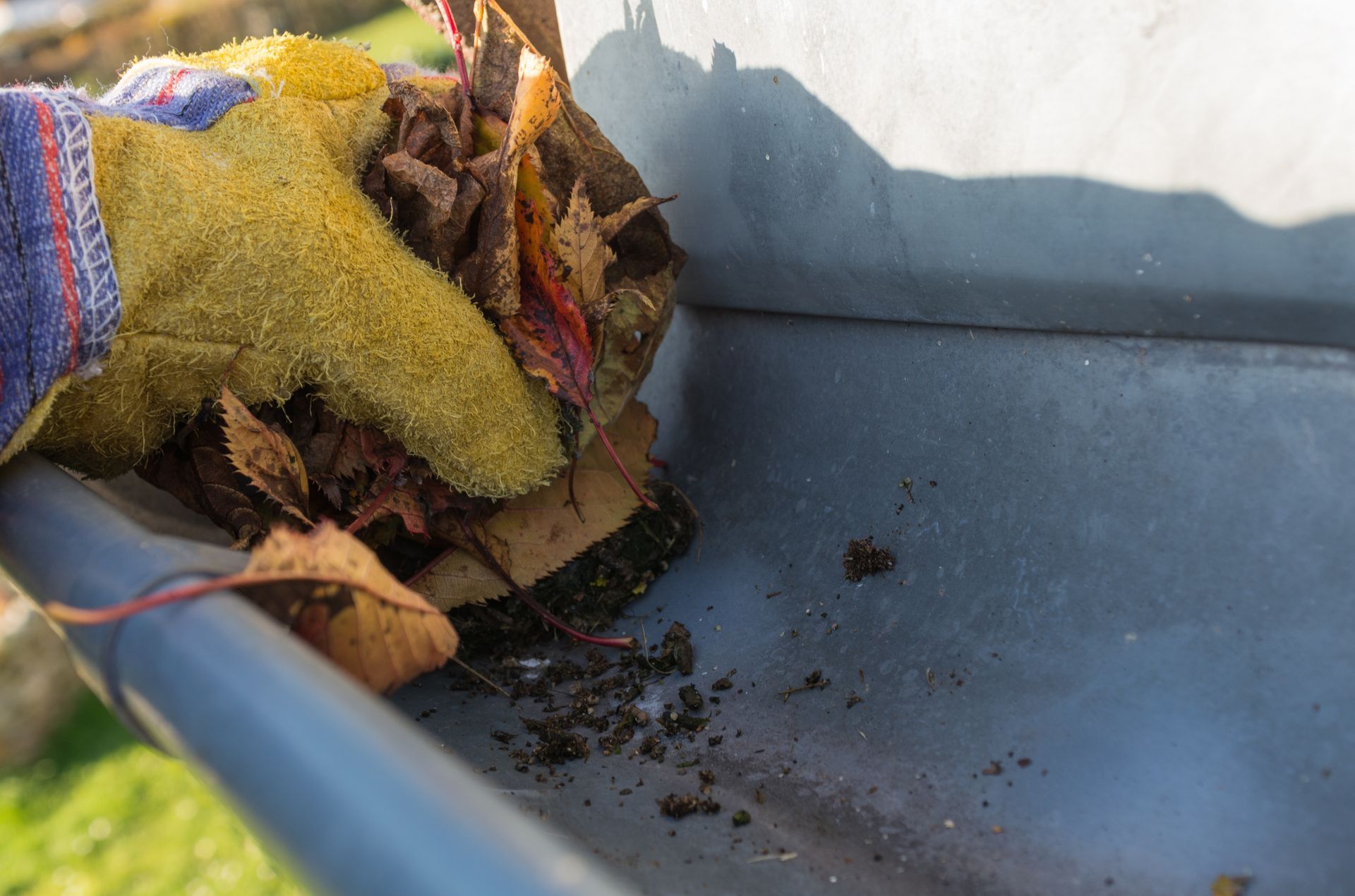 Hand in yellow glove cleaning a gutter filled with leaves.