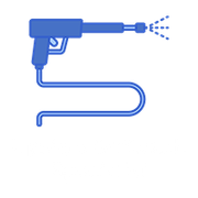 A blue icon of a high pressure washer with a hose attached to it.