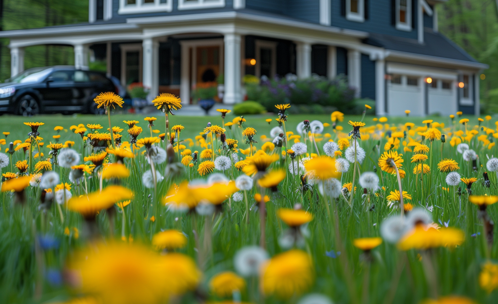 A beautiful house with a yard full of dandelions and other weeds.