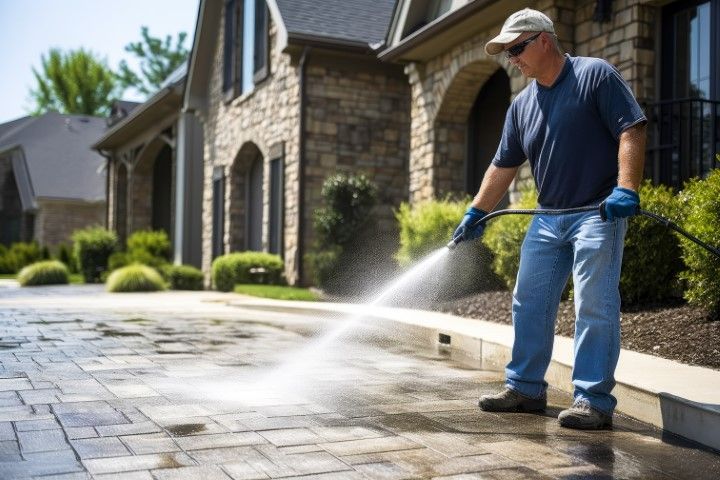 Jurupa Valley Pressure Washing cleaning technician cleaning driveway and sidewalk