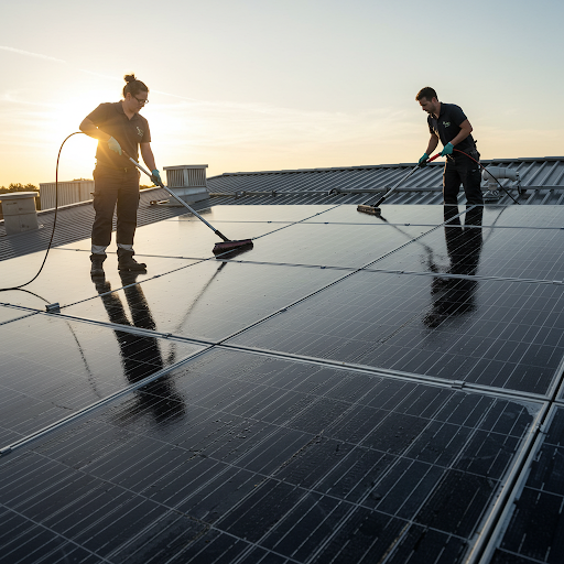 Jurupa Valley Pressure Washing Technicians cleaning solar panels