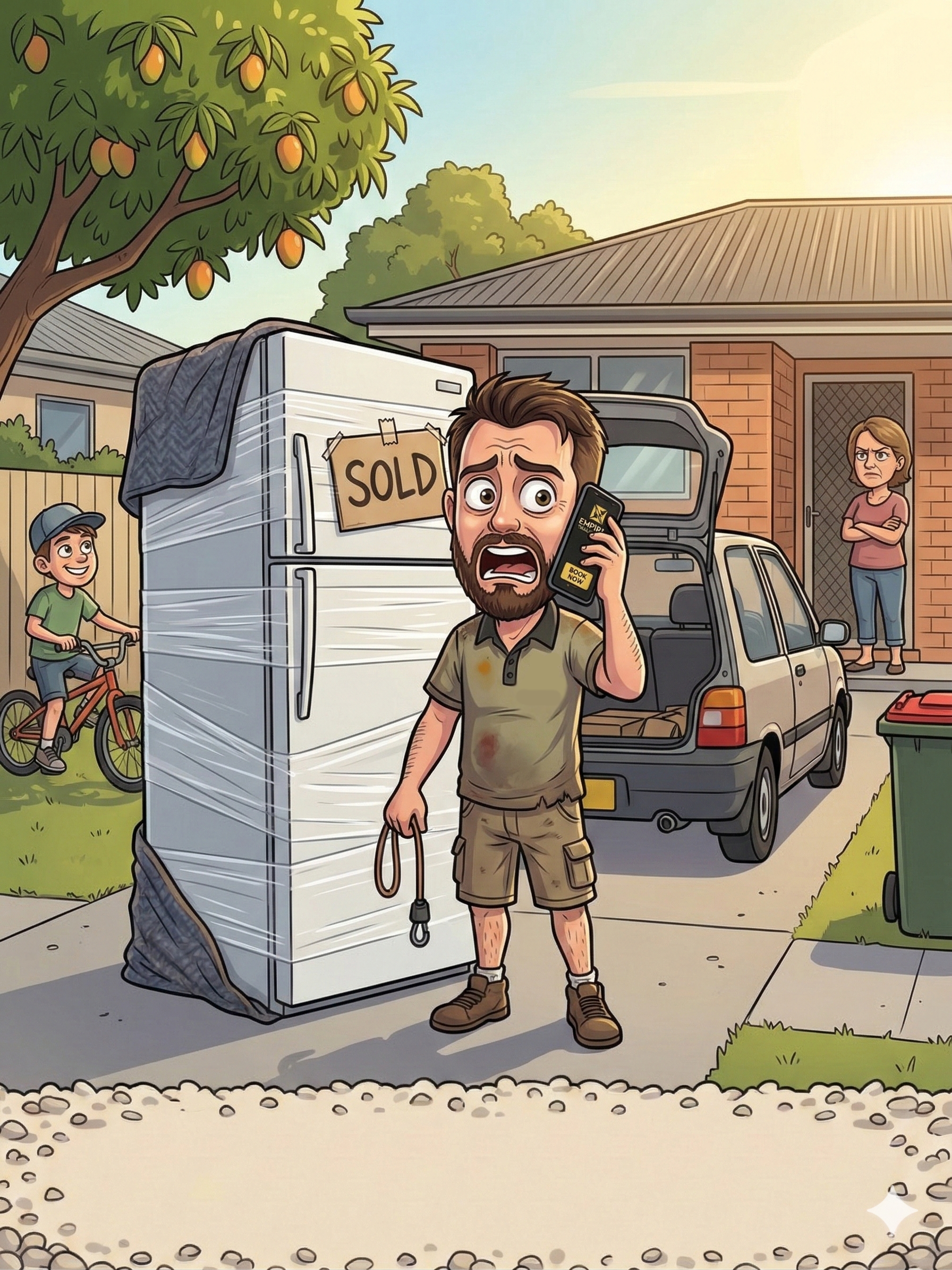 Bloke in driveway with fridge, rope and phone