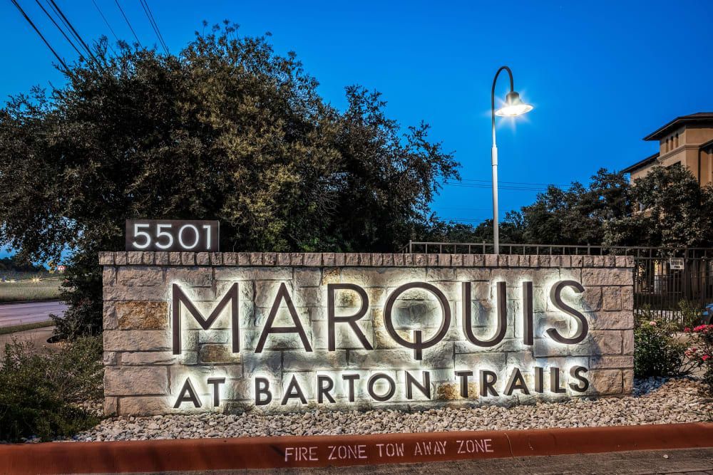 Community sign at Marquis at Barton Trails in Austin, TX.