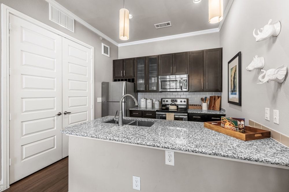 Modern kitchen interior with dark wood cabinets, stainless steel appliances, and a marble countertop island. Decorations include white animal head sculptures on the wall and a cookbook on the counter. A white door is on the left, and elegant pendant lighting hangs from the ceiling at Marquis at Barton Trails in Austin, TX.