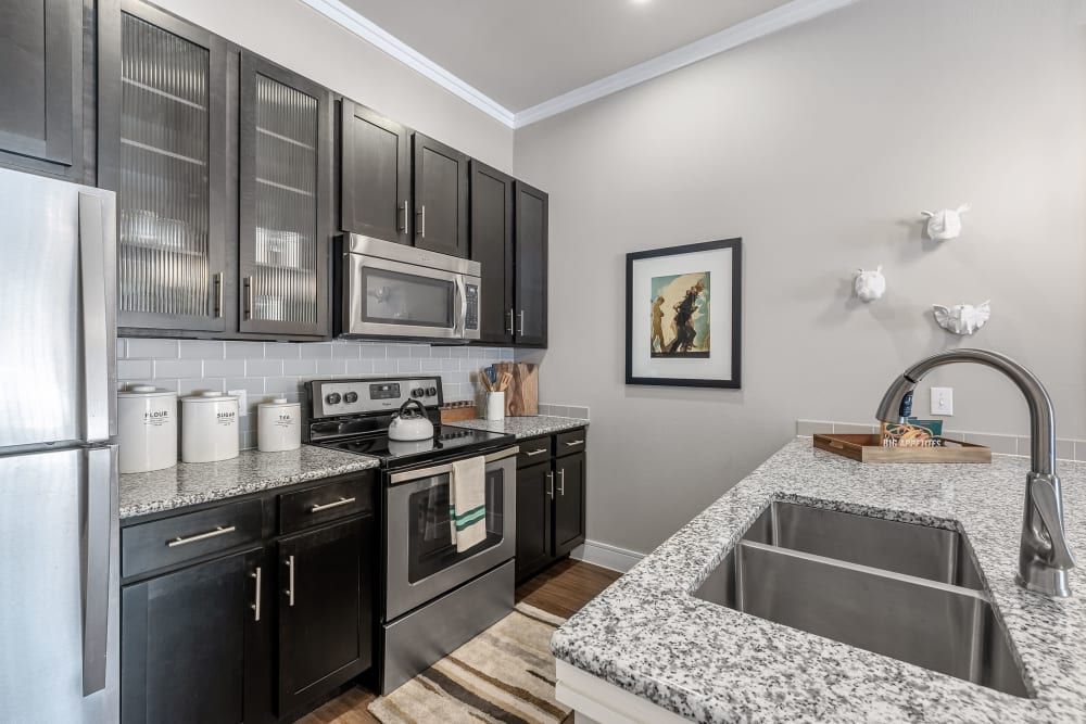 A modern kitchen with dark cabinetry, stainless steel appliances, and white subway tile backsplash. The countertops are granite, and there's a framed picture on the wall alongside decorative pig wall mounts. A central sink with a high-arc faucet and labeled canisters for flour, sugar, and tea sit on the counter at Marquis at Barton Trails in Austin, TX.