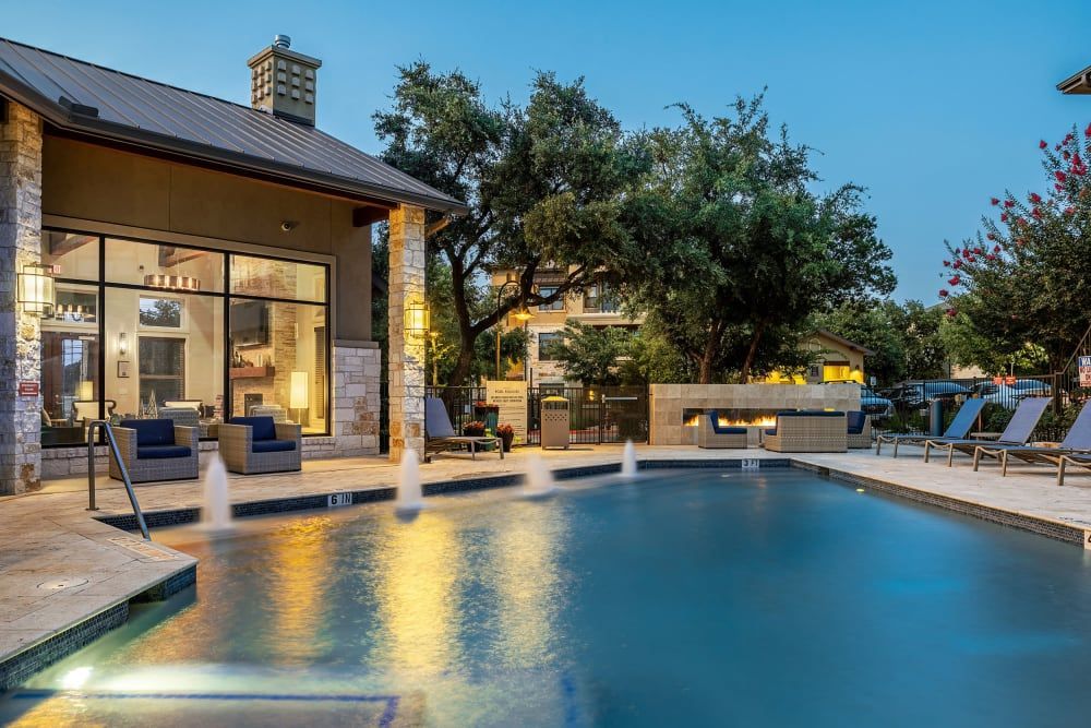 Swimming pool at night at Marquis at Barton Trails in Austin, TX.