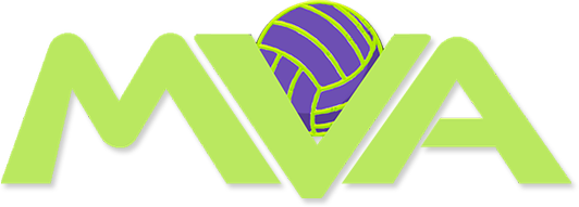 A logo for mva with a volleyball in the middle