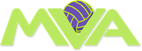 A logo for mva with a volleyball in the middle