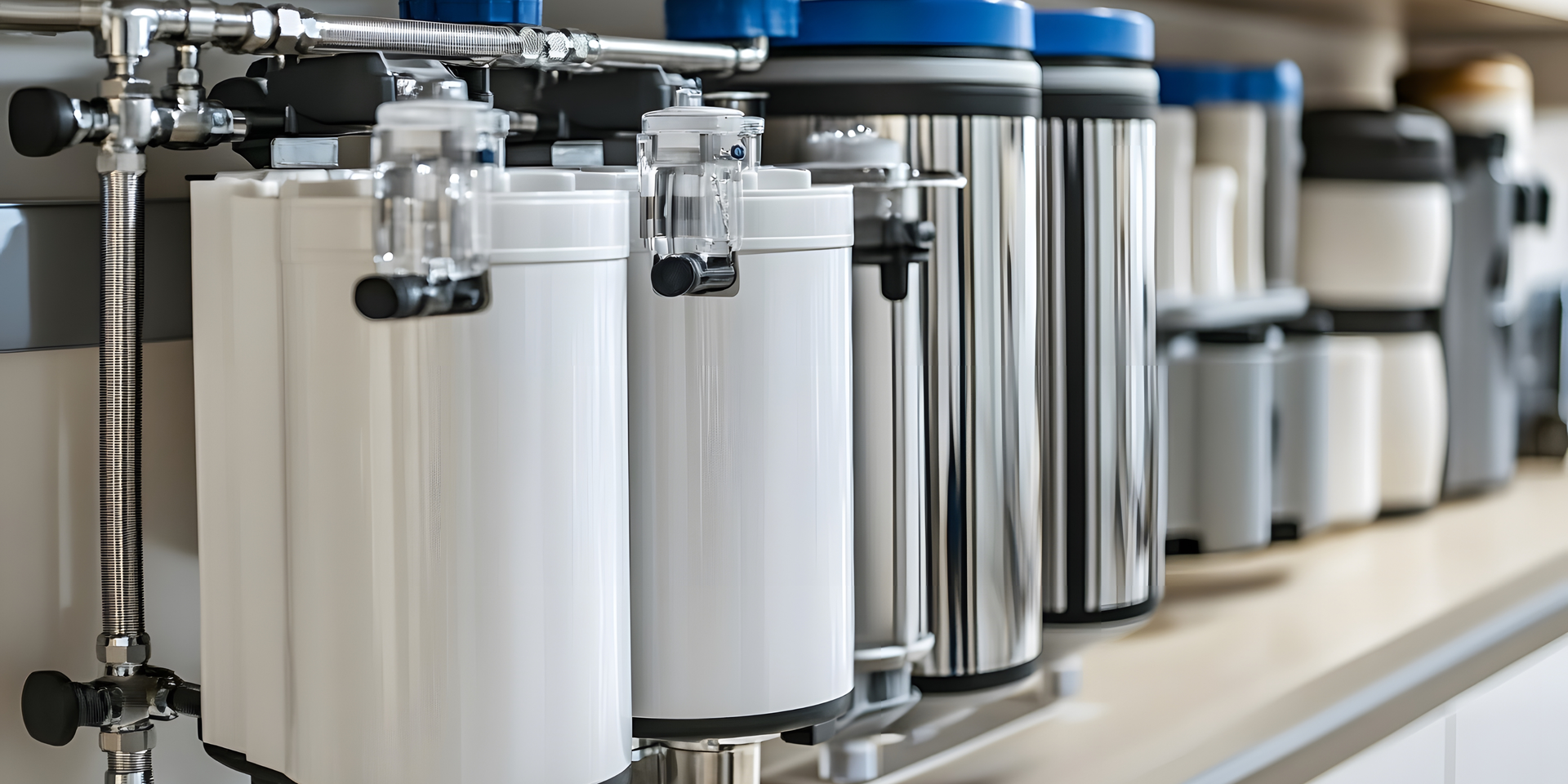 Water filtration system with white and metal cylinders and blue caps.