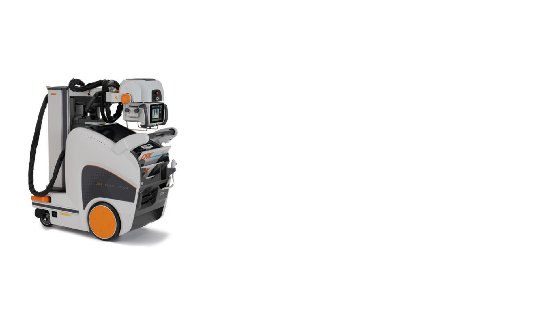 Mobile X-ray machine with a white and orange color scheme, ready for use in a medical setting.