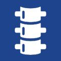 White icon of a spinal column on a blue background, representing spine health.