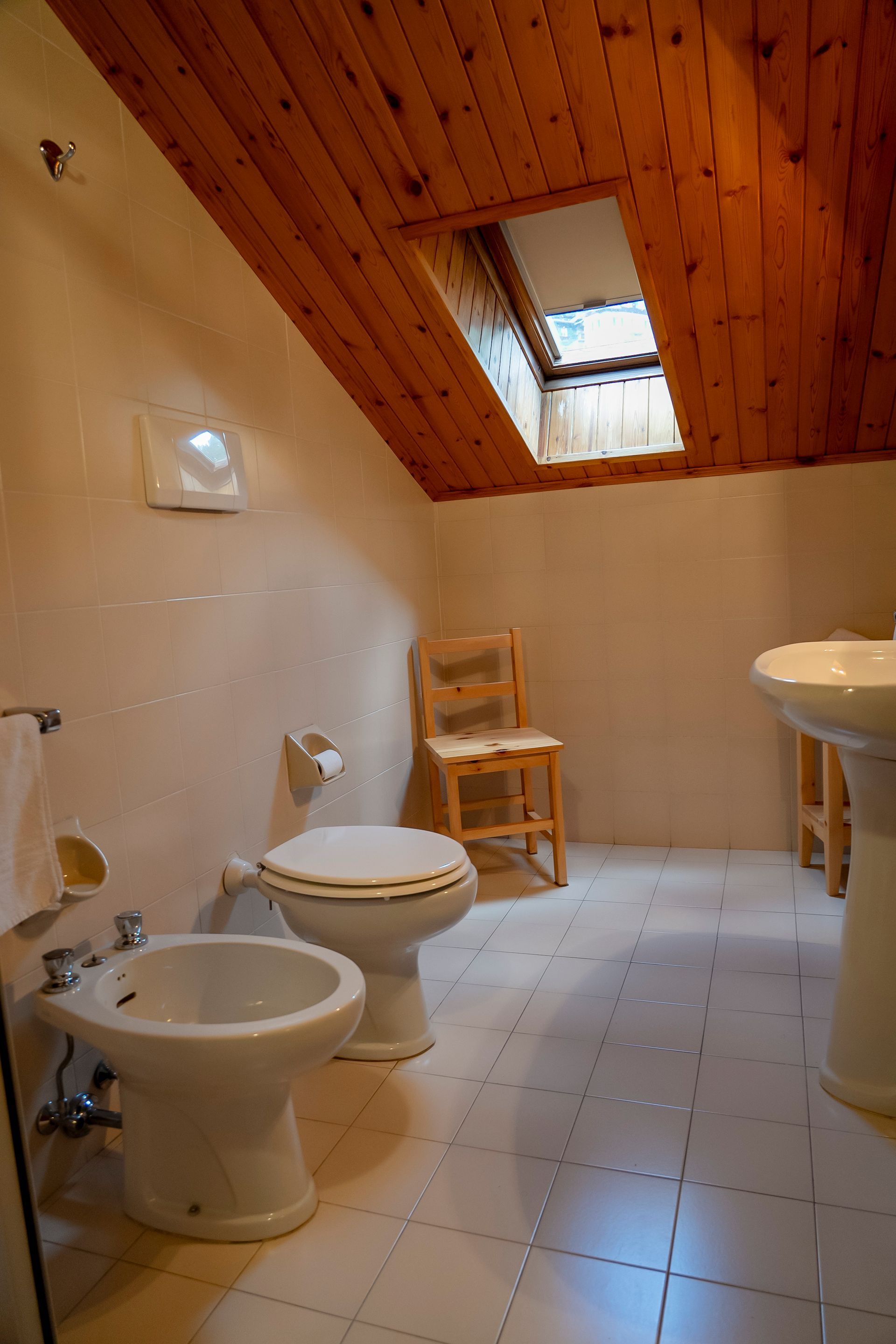 Un bagno con wc, bidet, lavandino e lucernario.