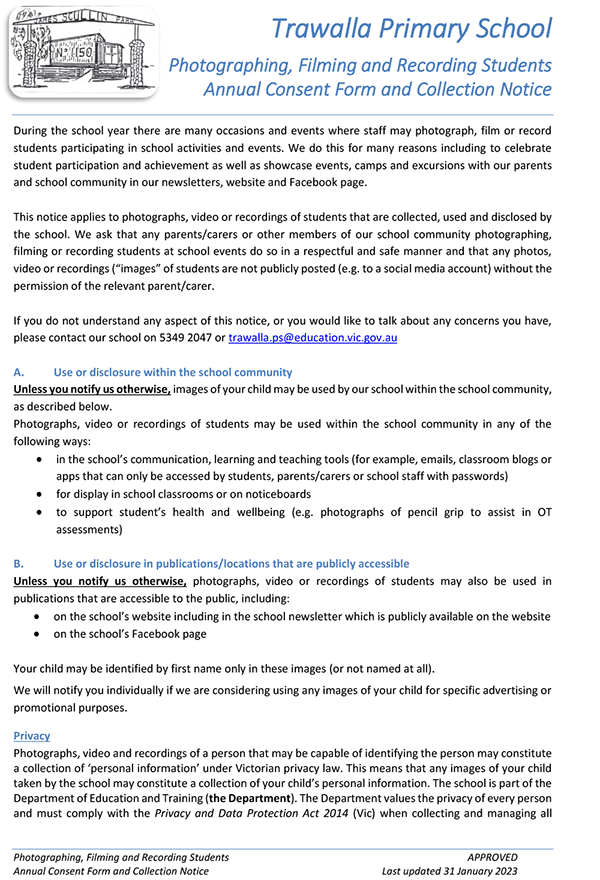 Trawalla Primary School Photographing, Filming and Recording Students Annual Consent Form and Collection Notice