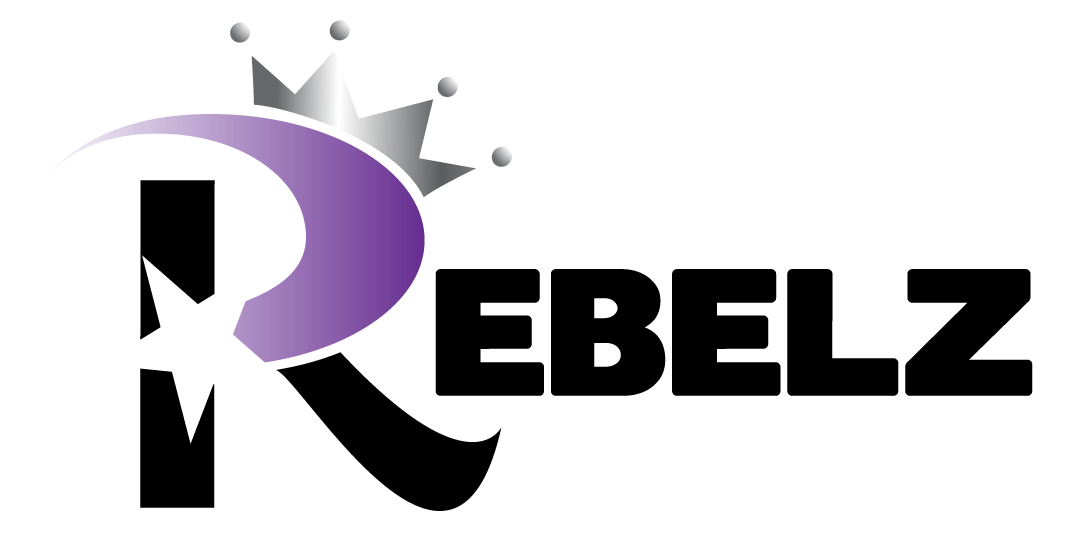 The rebelz logo is purple and black with a crown on it.