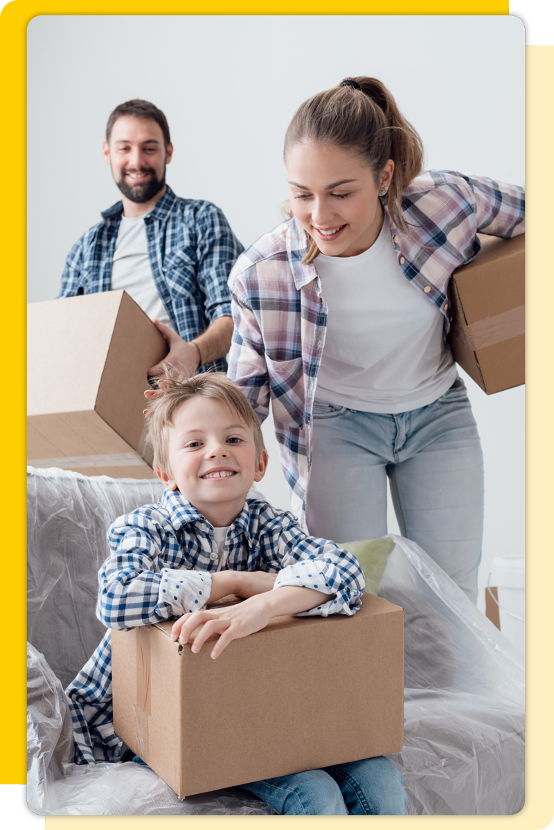 happy family holding boxes