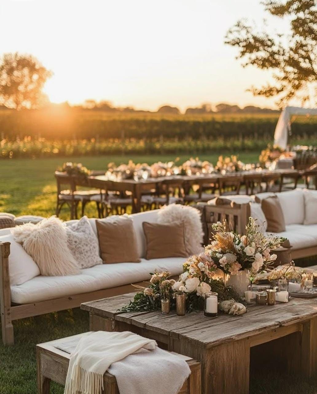 Zona de estar al aire libre preparada para un evento al atardecer; mesas de madera, sofás y arreglos florales.