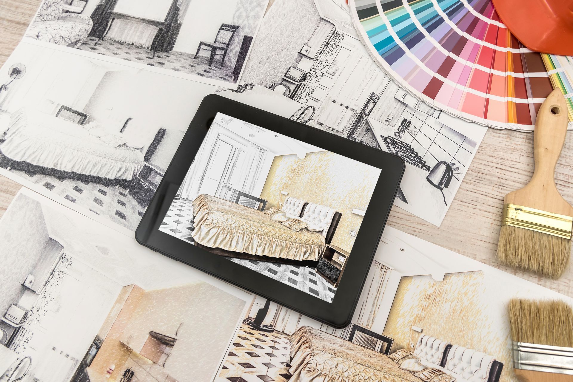 Tablet showing bedroom plans in finished room. Modern apartment.