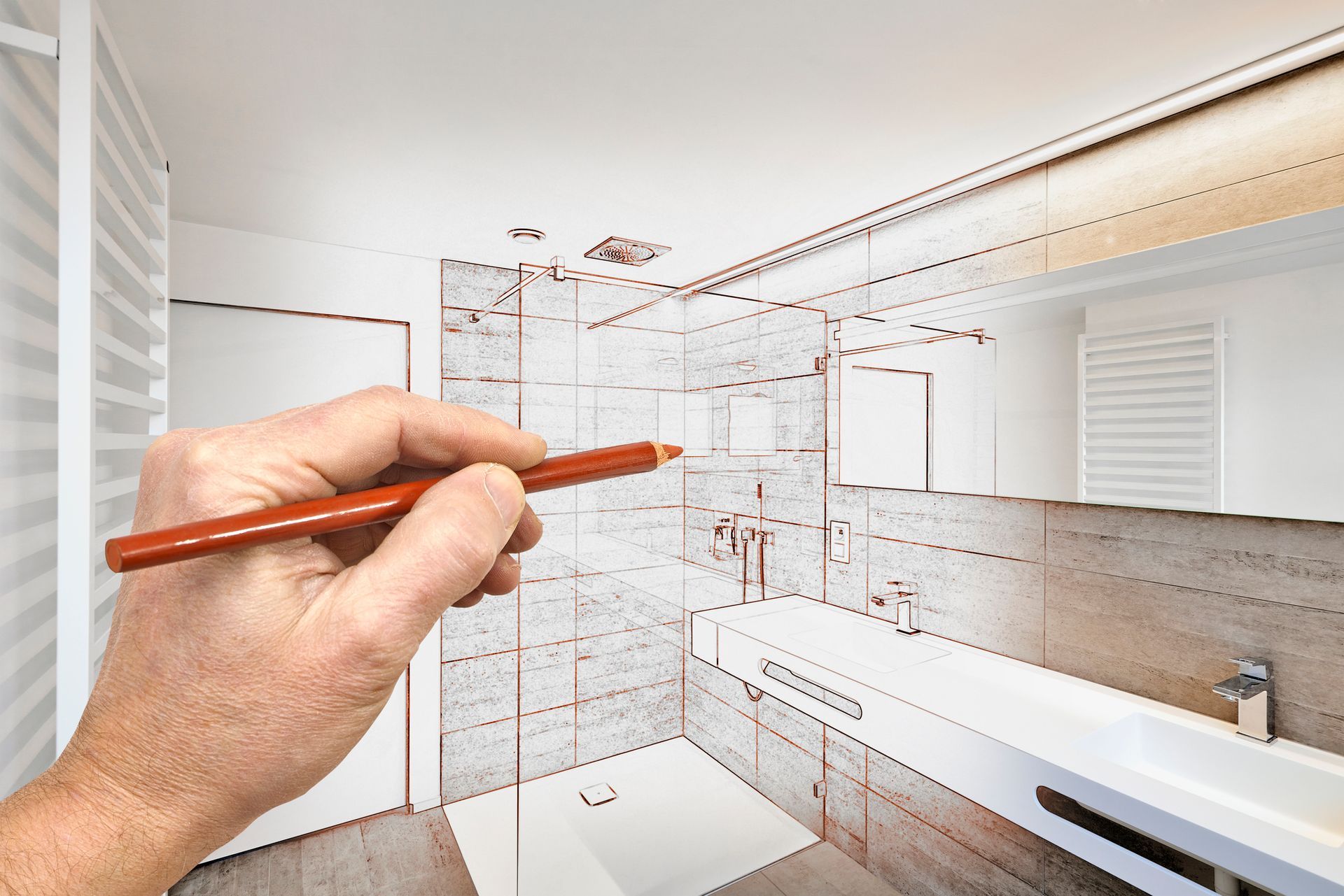 Hand sketching detailed bathroom remodel design for modern renovation planning layout concept design.