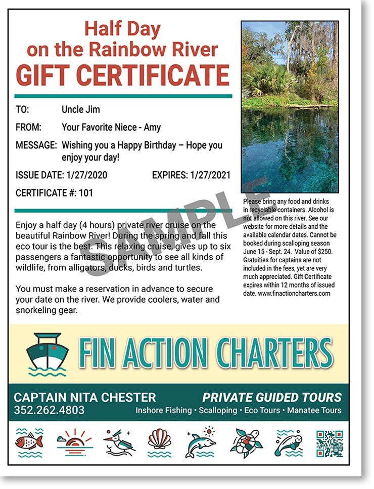 Rainbow River Gift Certificate Sample