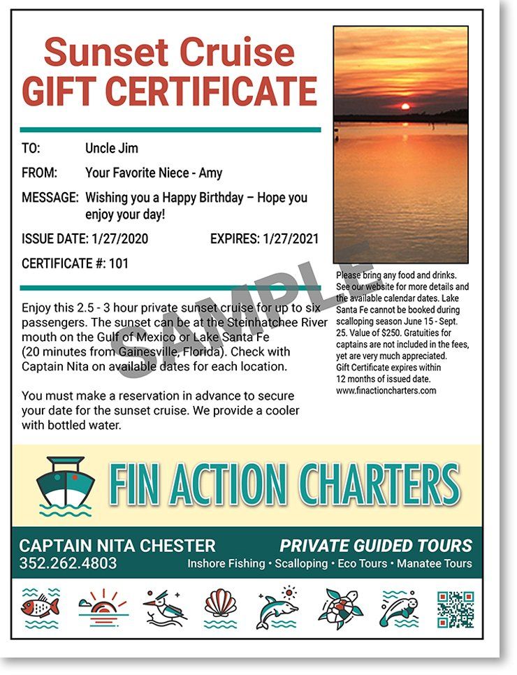 Sunset Cruise Gift Certificate Sample