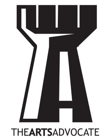 A black and white logo for the arts advocate with a fist in the shape of a tower.