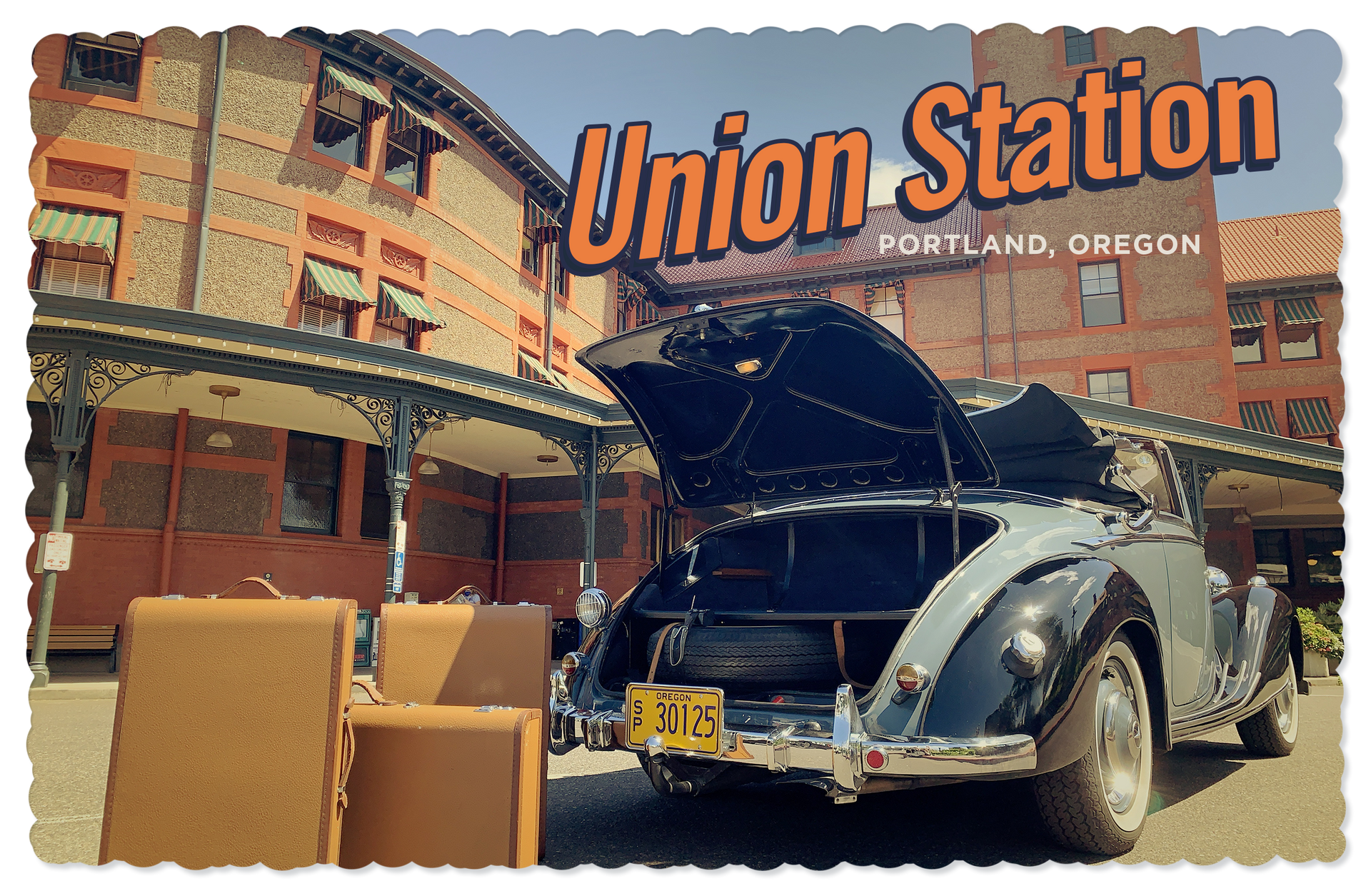 a vintage car is parked in front of the union station