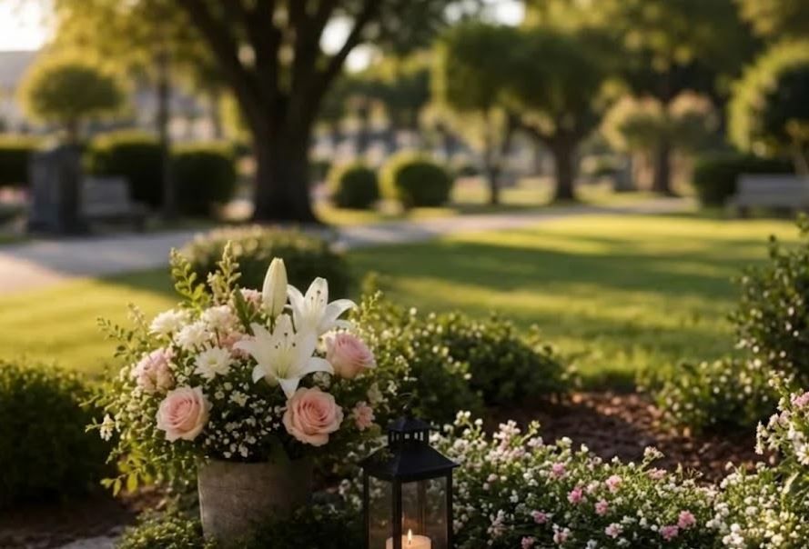 A quiet memorial garden with a lit lantern and flowers by funeral homes in Phoenix, AZ