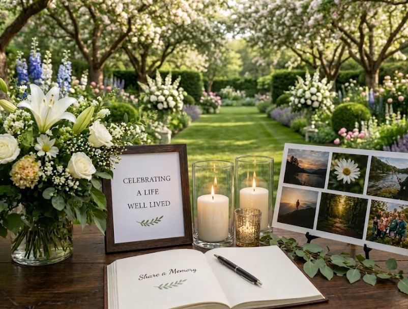 Garden memorial table with guestbook, candles, and framed pictures for celebrating a life.
