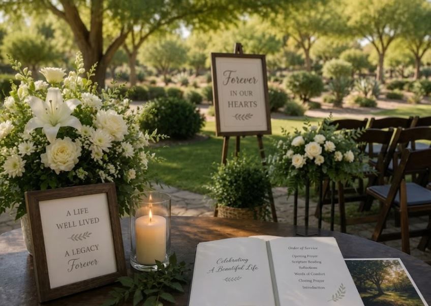 Memorial table with a candle and white lilies for a meaningful ceremony in Phoenix, AZ
