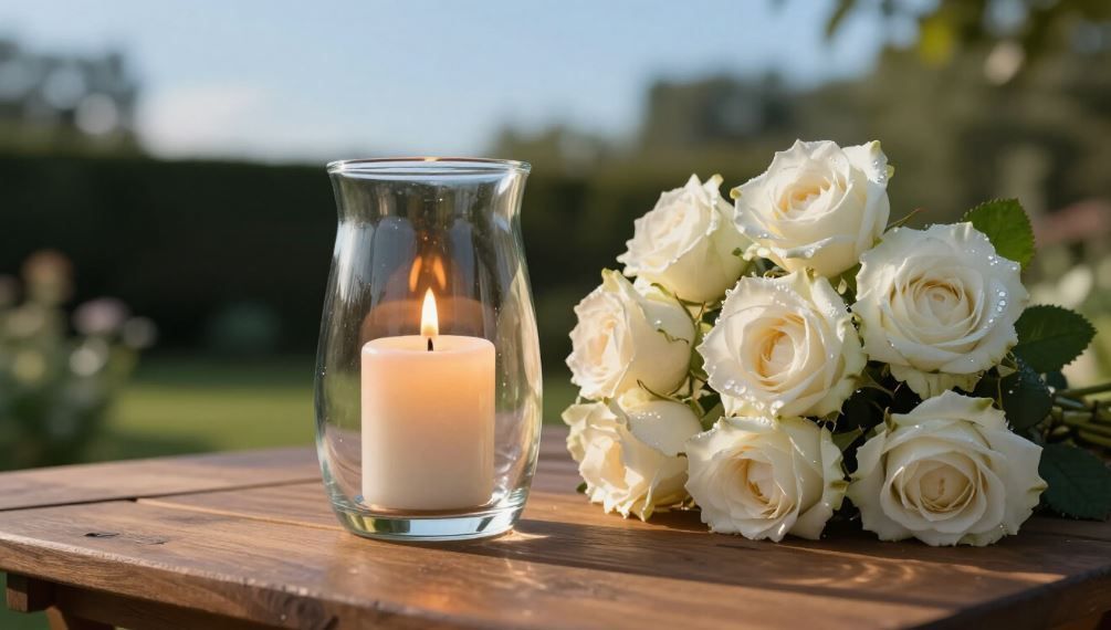 White roses with candle on wooden table, what wearing white signifies, funeral homes Phoenix, AZ
