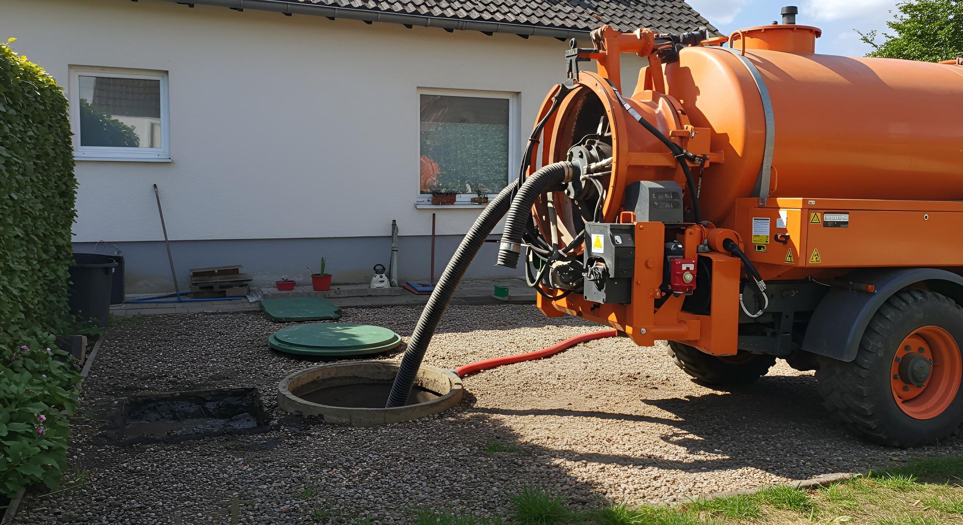 Residential septic cleaning truck pumping septic tank outside a home with open access lid.