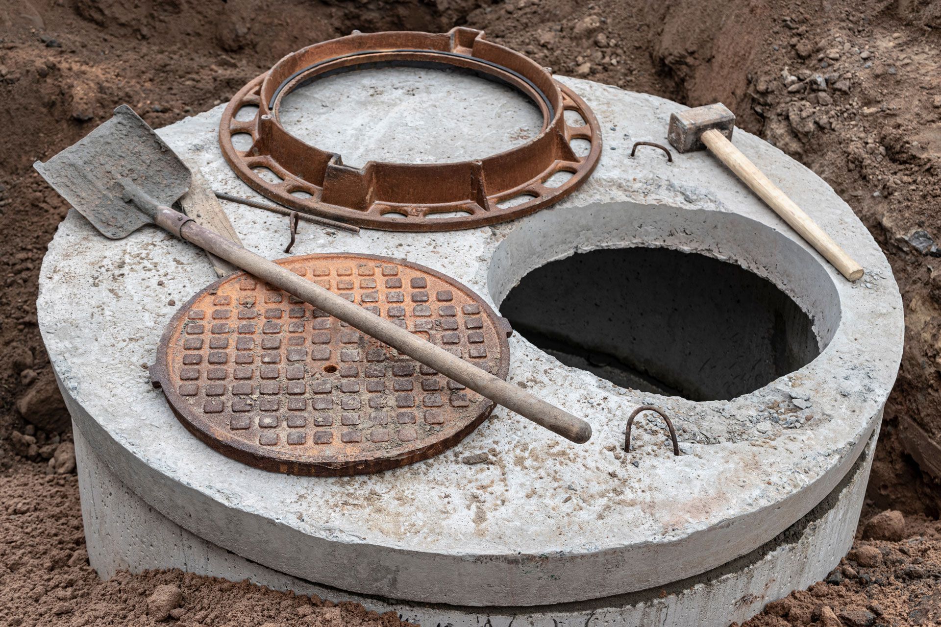 Concrete sewer manhole with an open access. Shovel, cover, and hammer rest nearby.