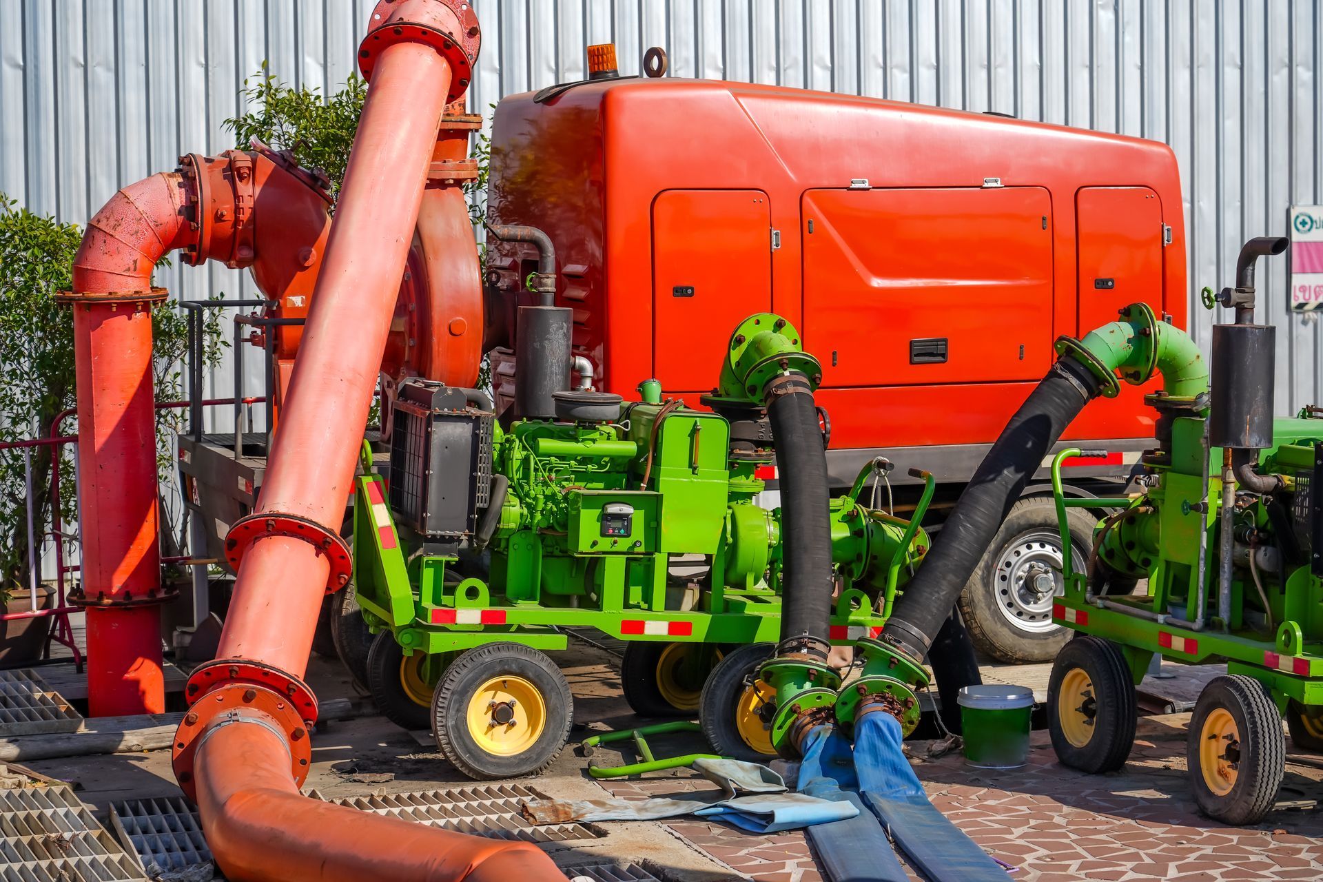 Green and red industrial pumps, hoses, and generator on a trailer, outdoors.