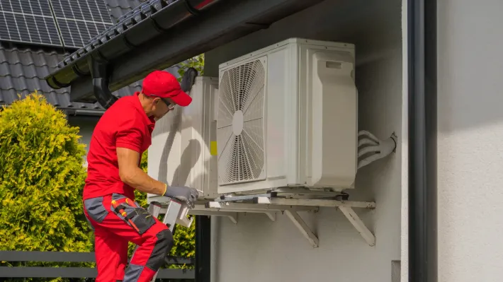 A man is installing an air conditioner on the side of a house.
