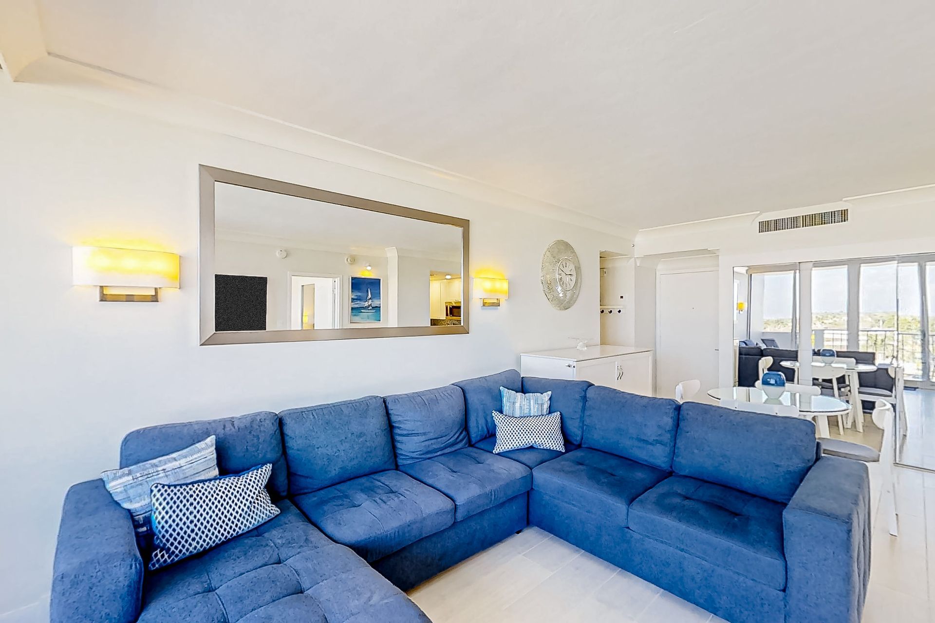 Living Room with blue sectional couch - Marco Island Condo rental - beachfront condo