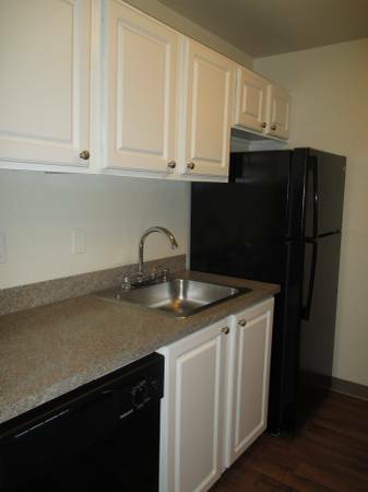 A sample of a kitchen available in Evergreen apartments complete with dish water and full refrigerator