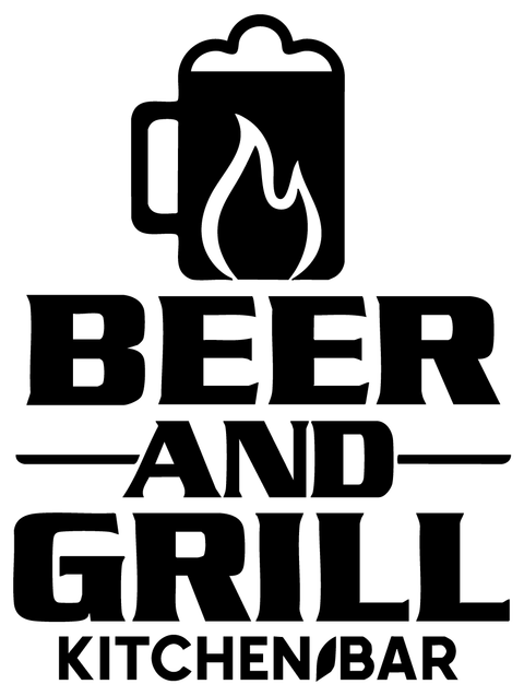 A black and white logo for a beer and grill kitchen bar.