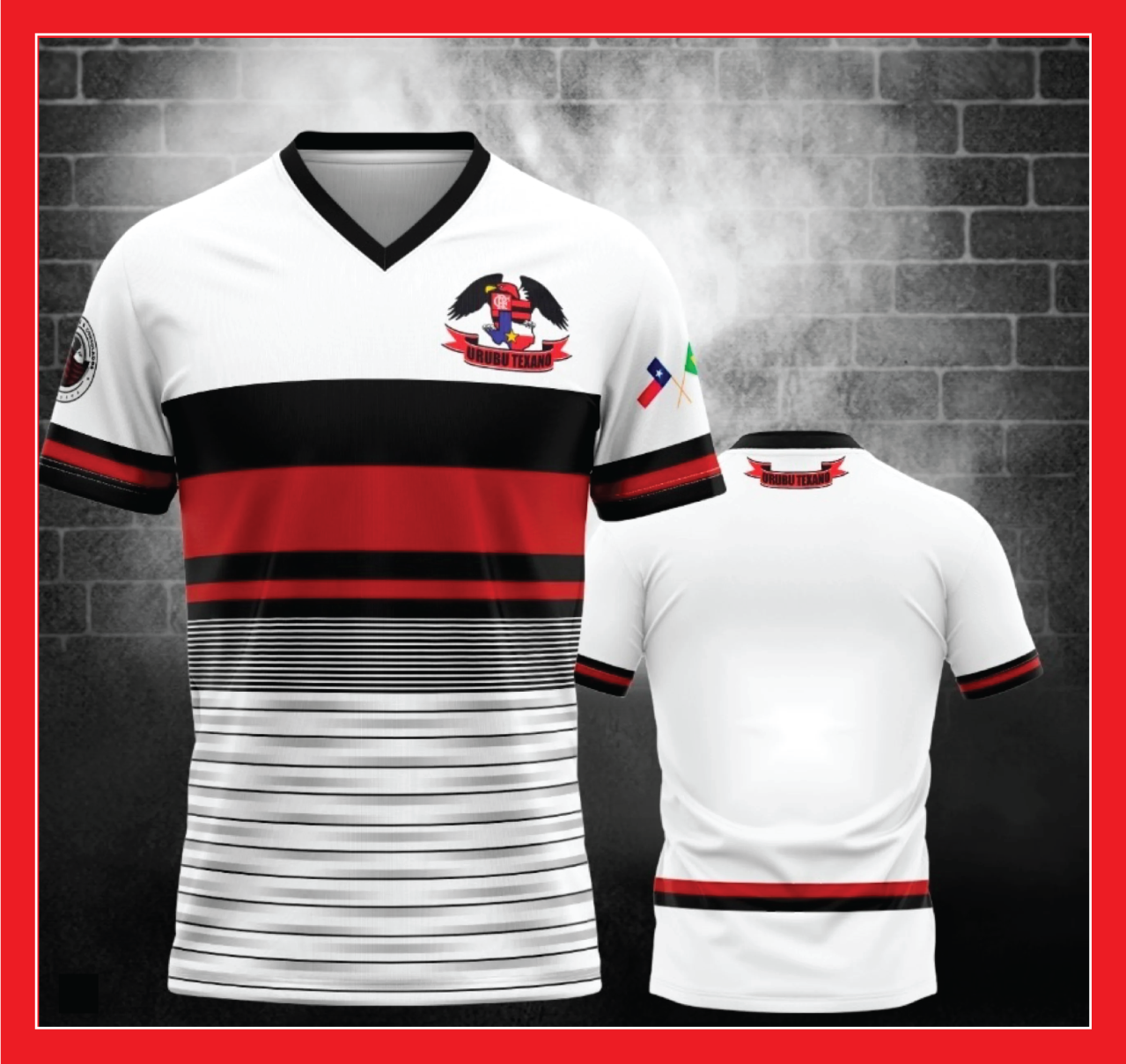 The front and back of a white soccer jersey with red and black stripes