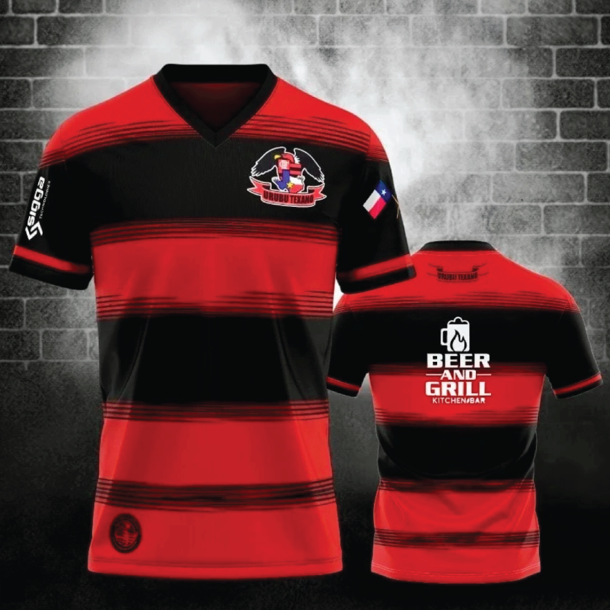 A red and black striped shirt that says beer and grill