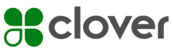 A logo for clover with a green clover in the middle