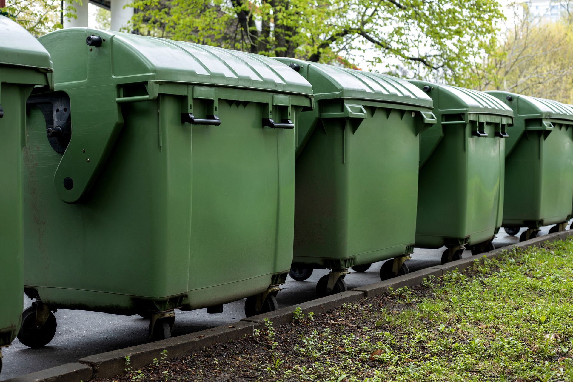 A row of green industrial dumpsters lined up on a paved surface next to a grassy area with trees in the background.