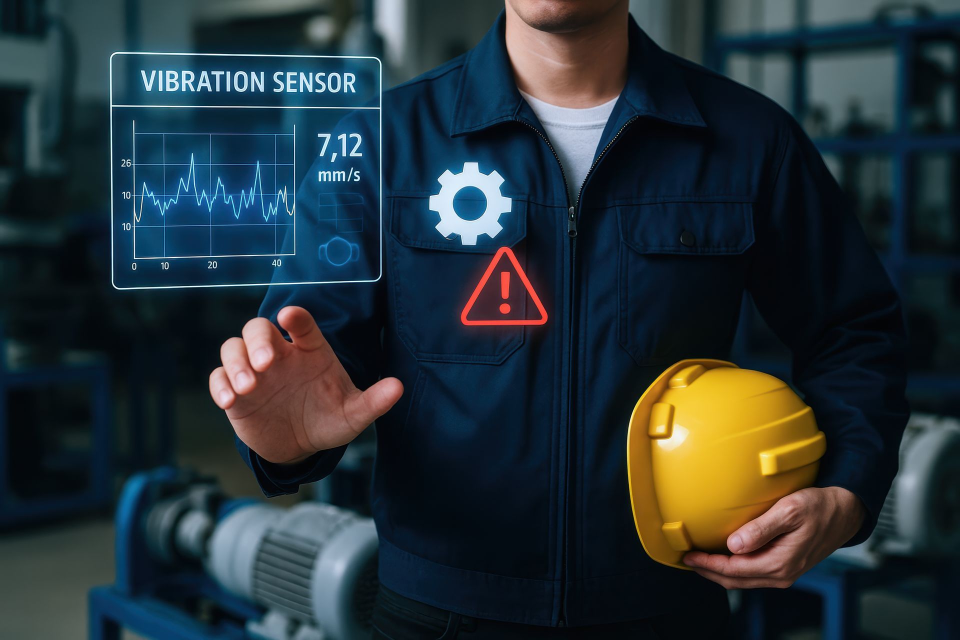 A man is wearing a hard hat and holding a helmet in a factory.