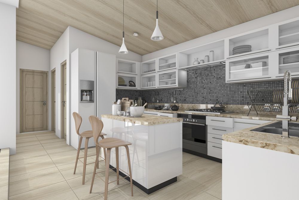 A Modern Kitchen With White Cabinets and a Large Island — Hunter Kitchen King in Mayfield, NSW