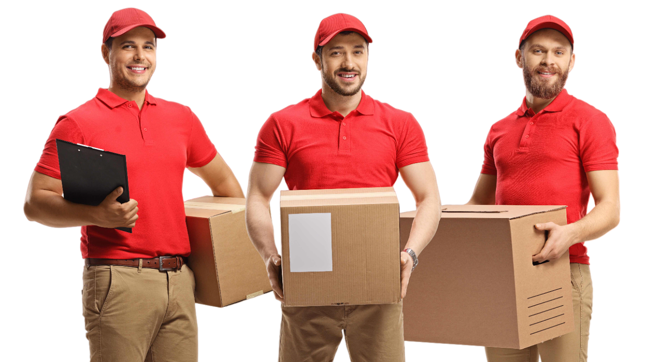 three delivery men are standing next to each other holding boxes .