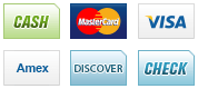We accept Cash, MasterCard, Visa, Amex, Discover and Check.