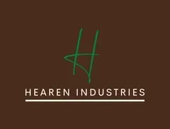 Logo for Hearen Industries with a green stylized "H" and text, brown background.