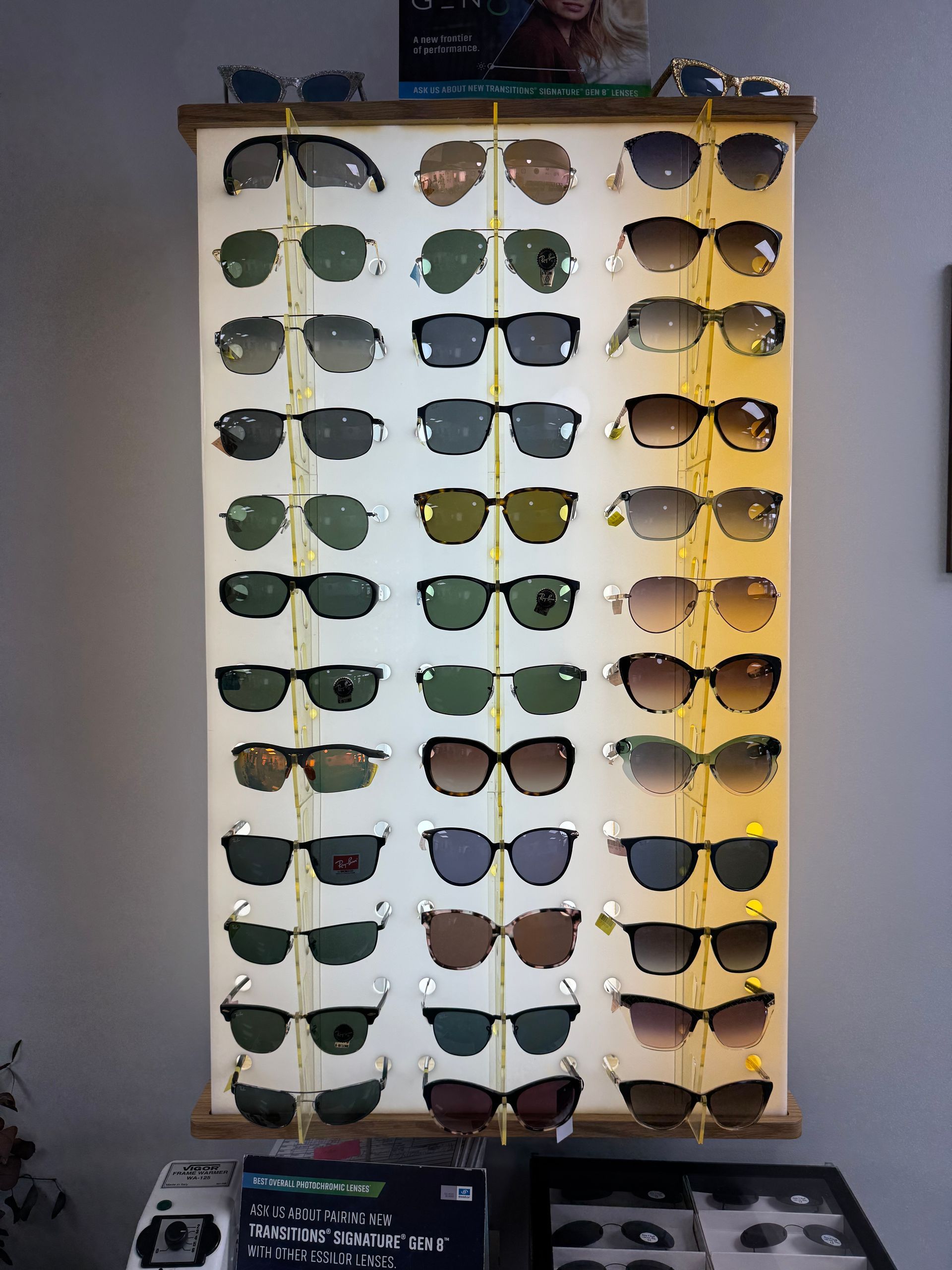 A display of fitovers polarized sunglasses on a table